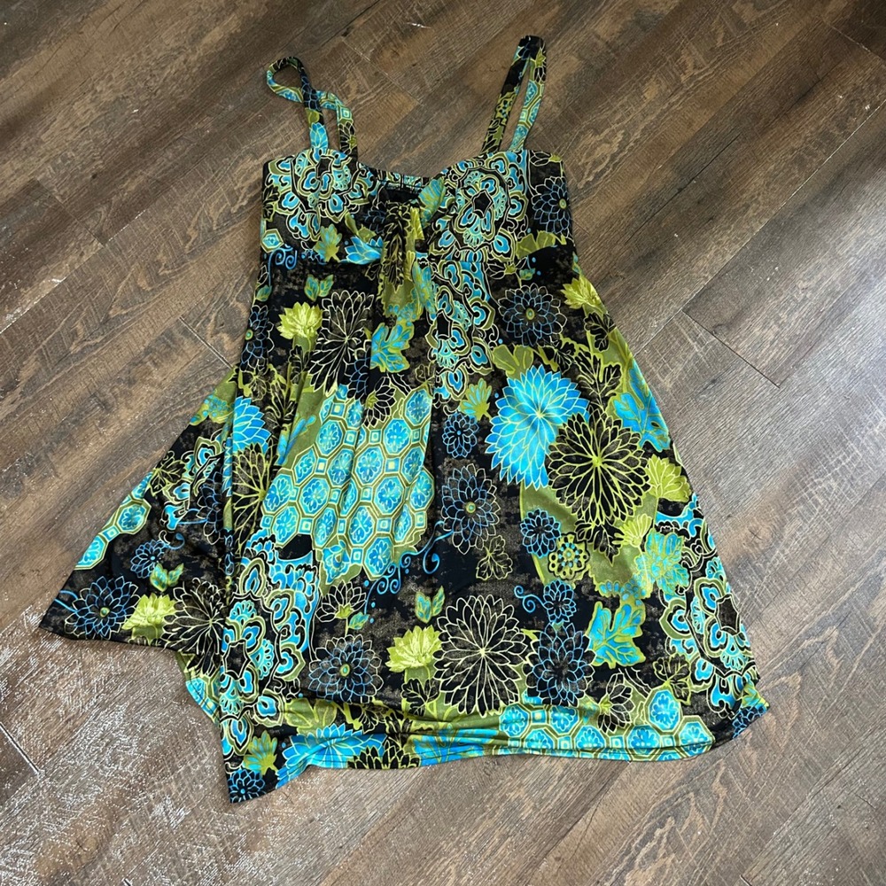 R&M Richards Floral Paisley Handkerchief Hem Dress Blue Green Gold Size 14